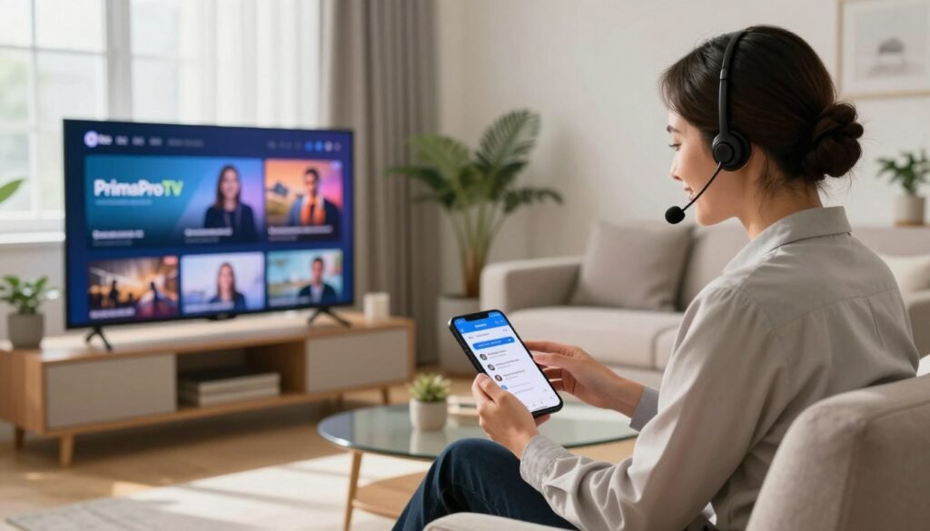 A sleek, modern living room setting serves as the foreground, featuring a stylish flat-screen television displaying vibrant IPTV service options, highlighted by the brand logo "PrimaProTV". In the middle, a friendly customer support representative dressed in professional attire engages with a smartphone or tablet, showcasing a live chat interface, exuding warmth and approachability. The background reveals a cozy, well-lit room with contemporary furniture, plants, and a soft, inviting atmosphere. Natural light streams through a window, creating a serene ambiance. The overall mood is one of professionalism and customer-centricity, emphasizing the commitment to exceptional support for IPTV users in the United States. Soft shadows cast by the furniture add depth, while the focus remains on the engaging support interaction.
