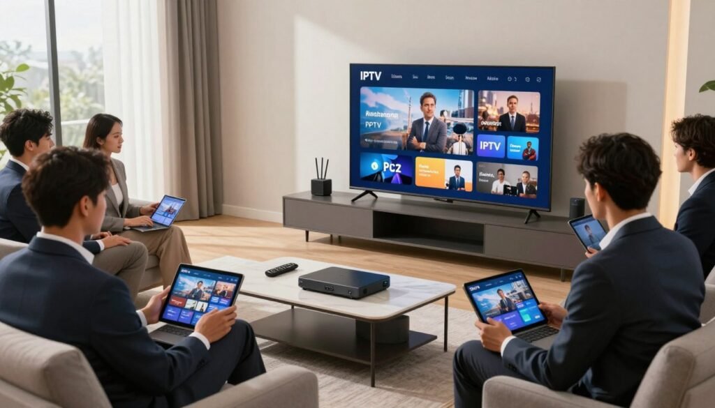 A sleek, modern living room setting showcasing a large flat-screen TV displaying crisp IPTV content. In the foreground, a group of diverse individuals in professional business attire engage with various devices like tablets and laptops, demonstrating seamless streaming. The middle ground features a stylish coffee table with a high-tech IPTV box and a remote. In the background, soft natural light streams in through large windows, creating a warm and inviting atmosphere. The room should be decorated with contemporary furnishings and subtle tech elements like Wi-Fi routers and smart speakers, emphasizing a high-tech lifestyle. The scene conveys reliability and efficiency, highlighting the essential technical requirements for optimal IPTV performance. Use a wide-angle lens effect to create depth and a spacious feel. A sleek, modern living room setting showcasing a large flat-screen TV displaying crisp IPTV content. In the foreground, a group of diverse individuals in professional business attire engage with various devices like tablets and laptops, demonstrating seamless streaming. The middle ground features a stylish coffee table with a high-tech IPTV box and a remote. In the background, soft natural light streams in through large windows, creating a warm and inviting atmosphere. The room should be decorated with contemporary furnishings and subtle tech elements like Wi-Fi routers and smart speakers, emphasizing a high-tech lifestyle. The scene conveys reliability and efficiency, highlighting the essential technical requirements for optimal IPTV performance. Use a wide-angle lens effect to create depth and a spacious feel.