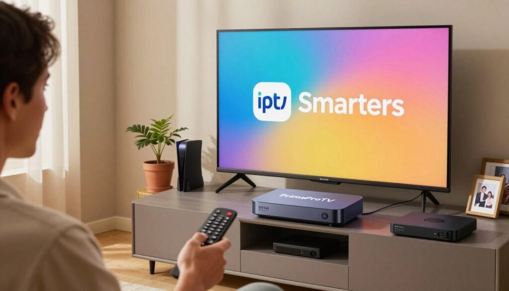 A sleek, modern living room with a large flat-screen TV displaying the IPTV Smarters logo, which has been updated with fresh graphics. In the foreground, a user interacts with a remote control, looking focused and intent. The middle of the scene features a stylish streaming device labeled "PrimaProTV" prominently on an entertainment center, surrounded by a few casual devices like game consoles and streaming boxes. Soft, natural lighting filters in from a window, creating a warm, inviting atmosphere. The background includes simple decor like houseplants and family photos, ensuring a cozy and relatable space. The angle of the shot is slightly angled upward, emphasizing the TV and streaming device, as a hint of excitement fills the air, capturing the essence of updating technology for better streaming experiences.