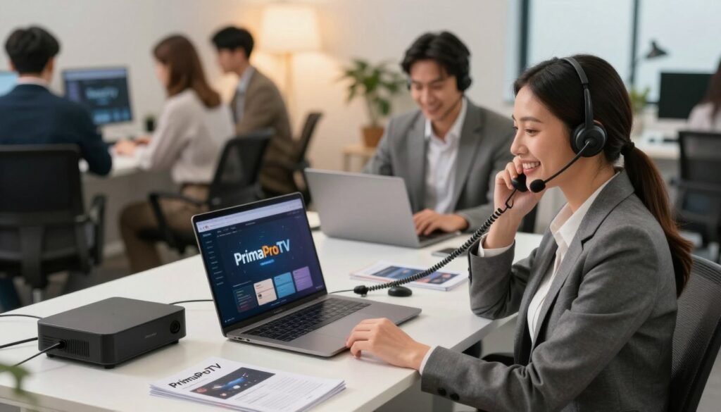 A sleek, modern office environment depicting a professional IPTV provider scene. In the foreground, a friendly customer support representative, dressed in smart business attire, is attentively assisting a customer over the phone, showcasing a reassuring smile. The middle ground features a stylish desk with a laptop displaying the PrimaProTV interface, surrounded by streaming devices and brochures. The background shows a vibrant team working collaboratively, emphasizing a supportive atmosphere. Soft, warm lighting fills the room, creating an inviting and trustworthy mood. The camera angle is slightly above eye level, giving a comprehensive view of the dynamic workspace, accentuating the professionalism and reliability of PrimaProTV as the go-to IPTV provider. A sleek, modern office environment depicting a professional IPTV provider scene. In the foreground, a friendly customer support representative, dressed in smart business attire, is attentively assisting a customer over the phone, showcasing a reassuring smile. The middle ground features a stylish desk with a laptop displaying the PrimaProTV interface, surrounded by streaming devices and brochures. The background shows a vibrant team working collaboratively, emphasizing a supportive atmosphere. Soft, warm lighting fills the room, creating an inviting and trustworthy mood. The camera angle is slightly above eye level, giving a comprehensive view of the dynamic workspace, accentuating the professionalism and reliability of PrimaProTV as the go-to IPTV provider.