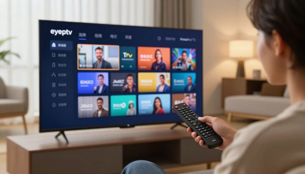A sleek, modern user interface showcasing the features of "eyeptv" on a high-tech television screen. In the foreground, a user engaged with the remote control, fully immersed in the experience, wearing smart casual attire. The middle section features the screen displaying a vibrant grid of live TV channels, icons, and a navigation menu emphasizing user-friendly design. In the background, a stylish living room, with warm lighting that creates an inviting atmosphere. A large window allows soft natural light to filter in, enhancing the technology-focused environment. The overall mood is productive and relaxing, reflecting the ease and efficiency of using eyeptv for live TV streaming. The brand name "PrimaProTV" subtly integrated into the design without being prominent.
