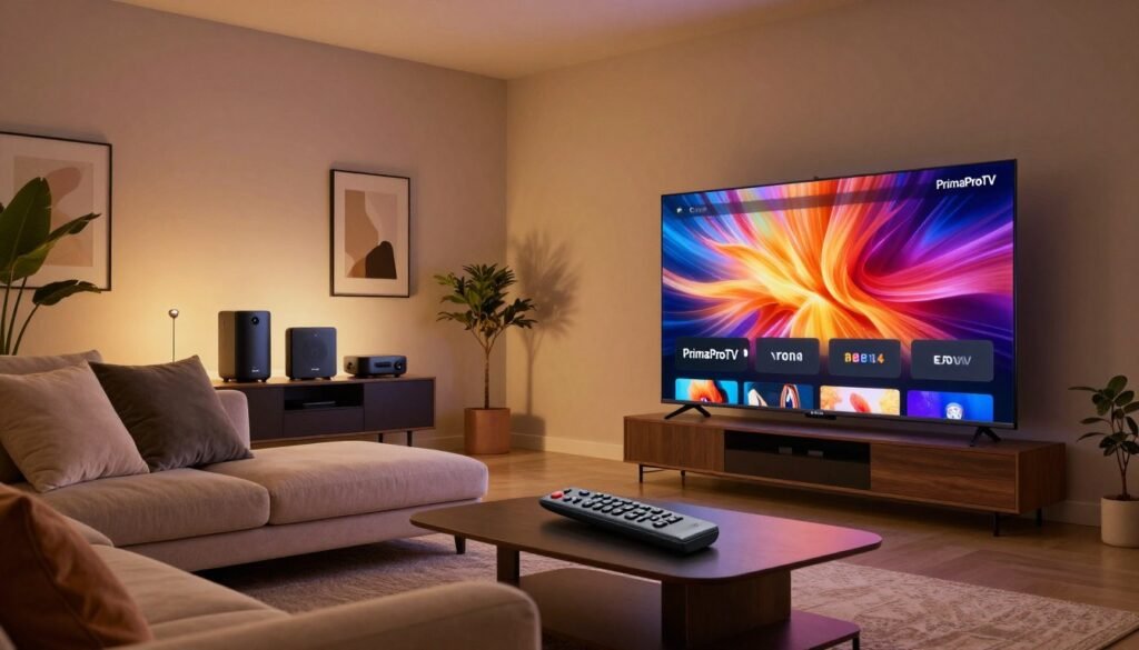 A sophisticated living room featuring a high-quality streaming setup that highlights "PrimaProTV." In the foreground, there is a sleek modern television displaying vibrant, crystal-clear visuals, with a stylish remote control on the coffee table. In the middle, a plush sofa with neatly arranged cushions under ambient lighting creates a cozy atmosphere. The background showcases a wall-mounted media console with various streaming devices elegantly arranged, adorned with framed art and decorative plants for a touch of personality. Soft, warm lighting enhances the inviting mood, giving a sense of reliability and comfort. Shot from a slightly low angle to emphasize the impressive screen size and overall environment, evoking a feeling of luxury and connection in the streaming experience.
