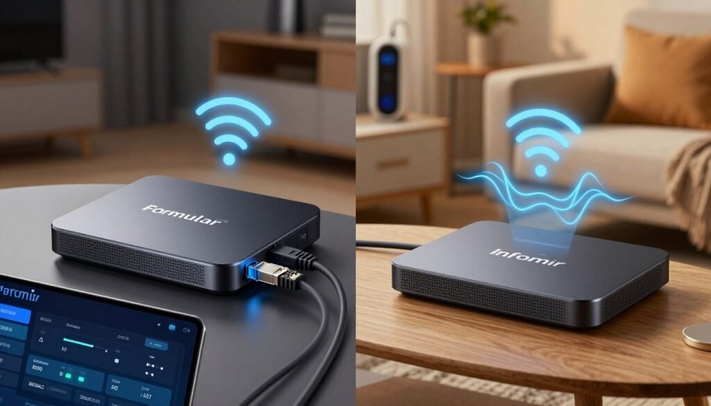 A split-screen illustration contrasting the network connectivity features of the Formular and Infomir IPTV boxes. On the left, display the Formular box in an elegant, modern setting, connected via a strong Ethernet cable, with glowing Wi-Fi signals emanating from it. The foreground features a sleek, high-tech interface showing network status. On the right, the Infomir box occupies a cozy living room environment, showcasing its Wi-Fi connection strength through visual waves. The background includes blurred images of household devices, emphasizing connectivity. The lighting is warm and inviting, creating an atmosphere of reliability and innovation, with a focus on the seamless integration of these devices in everyday life. Aim for a polished, professional aesthetic with a balanced composition. A split-screen illustration contrasting the network connectivity features of the Formular and Infomir IPTV boxes. On the left, display the Formular box in an elegant, modern setting, connected via a strong Ethernet cable, with glowing Wi-Fi signals emanating from it. The foreground features a sleek, high-tech interface showing network status. On the right, the Infomir box occupies a cozy living room environment, showcasing its Wi-Fi connection strength through visual waves. The background includes blurred images of household devices, emphasizing connectivity. The lighting is warm and inviting, creating an atmosphere of reliability and innovation, with a focus on the seamless integration of these devices in everyday life. Aim for a polished, professional aesthetic with a balanced composition.