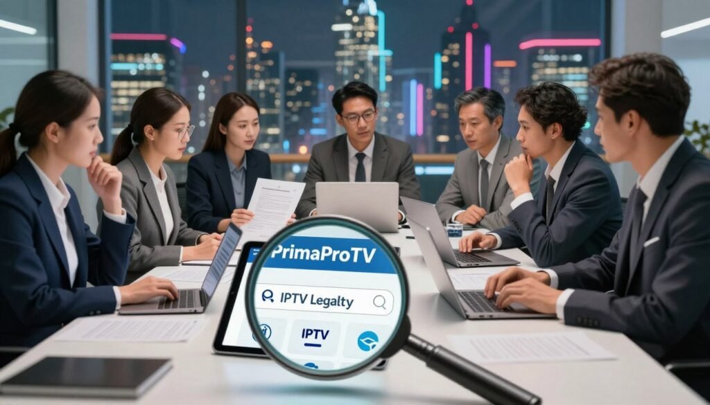 A surreal yet informative illustration depicting the concept of IPTV legality. In the foreground, a magnifying glass focuses on a tablet displaying streaming icons, symbolizing the search for legal IPTV services, with the brand "PrimaProTV" prominently featured. In the middle ground, a diverse group of professionals in business attire are engaged in thoughtful discussion around a modern office table, analyzing contract documents with potential IPTV services displayed on their laptops. The background showcases a digital city skyline with vibrant neon lights, hinting at the online nature of streaming. The lighting is bright and inviting, with a warm ambiance that suggests clarity and enlightenment about safe streaming practices. The overall atmosphere is one of caution and professionalism, reinforcing the importance of discerning legal services in the IPTV market. A surreal yet informative illustration depicting the concept of IPTV legality. In the foreground, a magnifying glass focuses on a tablet displaying streaming icons, symbolizing the search for legal IPTV services, with the brand "PrimaProTV" prominently featured. In the middle ground, a diverse group of professionals in business attire are engaged in thoughtful discussion around a modern office table, analyzing contract documents with potential IPTV services displayed on their laptops. The background showcases a digital city skyline with vibrant neon lights, hinting at the online nature of streaming. The lighting is bright and inviting, with a warm ambiance that suggests clarity and enlightenment about safe streaming practices. The overall atmosphere is one of caution and professionalism, reinforcing the importance of discerning legal services in the IPTV market.