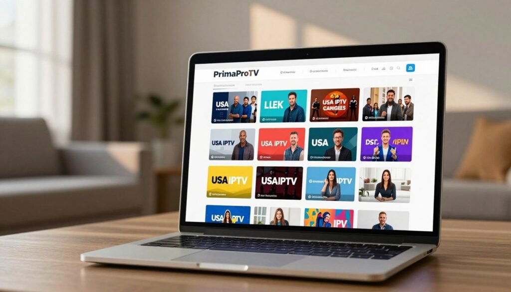 A vibrant and detailed scene depicting a digital or online interface for USA IPTV packages. In the foreground, a sleek laptop displays an attractive IPTV subscription dashboard featuring the brand "PrimaProTV." The middle ground showcases an array of colorful thumbnail images representing various TV channels and packages, emphasizing variety and affordability. The background includes a modern home setting, with subtle lighting enhancing a warm and inviting atmosphere. Soft shadows cast by a nearby window create a sense of depth. The overall mood conveys excitement and accessibility, inviting viewers to explore affordable live TV streaming options. A vibrant and detailed scene depicting a digital or online interface for USA IPTV packages. In the foreground, a sleek laptop displays an attractive IPTV subscription dashboard featuring the brand "PrimaProTV." The middle ground showcases an array of colorful thumbnail images representing various TV channels and packages, emphasizing variety and affordability. The background includes a modern home setting, with subtle lighting enhancing a warm and inviting atmosphere. Soft shadows cast by a nearby window create a sense of depth. The overall mood conveys excitement and accessibility, inviting viewers to explore affordable live TV streaming options.