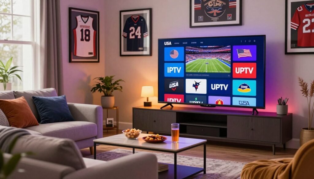 A vibrant and engaging living room scene showcasing a large television displaying various IPTV channel logos from the USA, highlighted in rich colors. In the foreground, a cozy, modern couch with soft cushions invites viewers, while a sleek coffee table holds snacks and drinks. In the middle, a warm glow emanates from the TV, reflecting the excitement of regional sports and local programming. The background features a well-decorated wall with framed jerseys and sports memorabilia, establishing a strong connection to American sports culture. Soft, natural lighting filters through a window, creating a welcoming atmosphere. The overall mood is inviting and lively, perfect for family entertainment and streaming experiences.