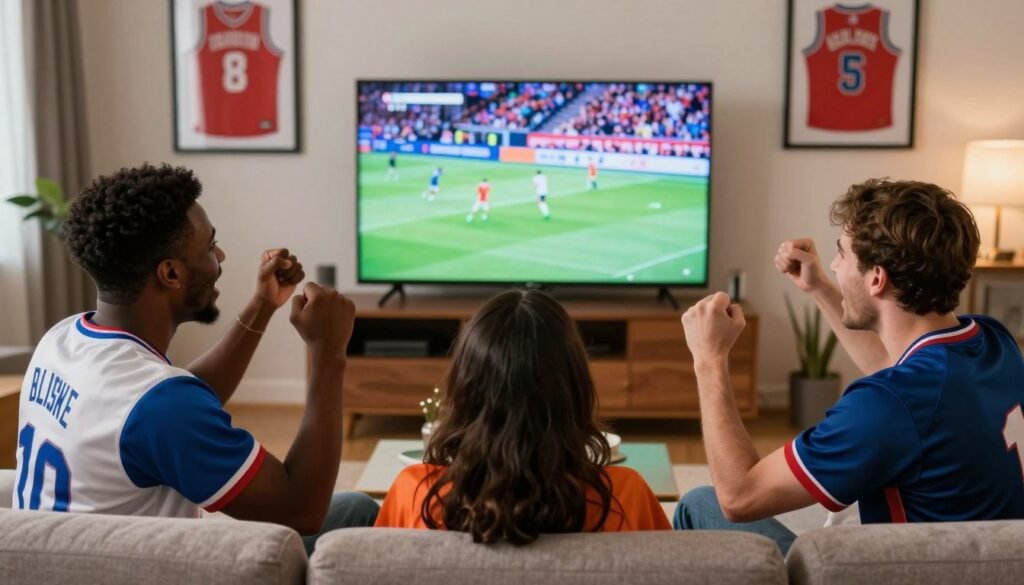 A vibrant living room scene focused on sports enthusiasts enjoying an IPTV service. In the foreground, a diverse group of three friends—a Black man, a Hispanic woman, and a Caucasian man—are seated on a comfortable couch, all wearing casual sports jerseys and cheering excitedly. In the middle ground, a large flat-screen TV displays a thrilling live sports event, with vivid colors and dynamic action. The background features sports memorabilia, such as framed jerseys and posters, contributing to the atmosphere of excitement and camaraderie. Soft, warm lighting enhances the cozy ambiance of the room, with a focus on the faces of the friends, captured from a slightly angled perspective to emphasize their expressions and engagement in the moment. The image conveys a sense of joy and connection among sports fans.