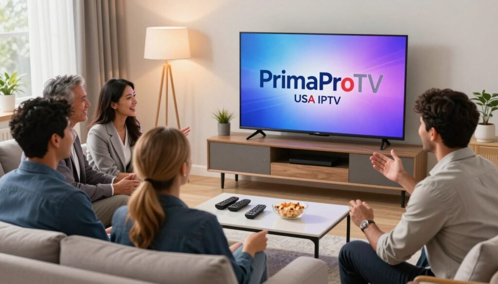 A vibrant living room scene showcasing a sleek flat-screen TV displaying the logo of "PrimaProTV" prominently, illustrating the concept of affordable USA IPTV. In the foreground, a diverse group of four adults—two men and two women—sit comfortably on a modern couch, engaged in watching live TV with joyful expressions, dressed in professional business attire. The middle section features a stylish coffee table with remote controls and snacks. In the background, a well-decorated room with warm lighting emanates from soft lamps, creating an inviting atmosphere. The angle captures the excitement and convenience of live streaming, emphasizing affordability and accessibility. A subtle play of natural daylight complements the scene, enhancing the feeling of comfort and enjoyment in home entertainment. A vibrant living room scene showcasing a sleek flat-screen TV displaying the logo of "PrimaProTV" prominently, illustrating the concept of affordable USA IPTV. In the foreground, a diverse group of four adults—two men and two women—sit comfortably on a modern couch, engaged in watching live TV with joyful expressions, dressed in professional business attire. The middle section features a stylish coffee table with remote controls and snacks. In the background, a well-decorated room with warm lighting emanates from soft lamps, creating an inviting atmosphere. The angle captures the excitement and convenience of live streaming, emphasizing affordability and accessibility. A subtle play of natural daylight complements the scene, enhancing the feeling of comfort and enjoyment in home entertainment.