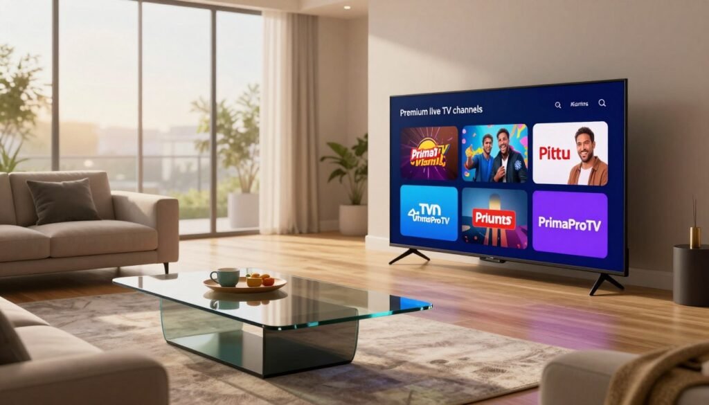 A visually captivating scene representing "premium live TV channels" featuring a sleek modern living room setup. In the foreground, a high-definition flat-screen TV displays vibrant logos of popular channels, including the brand "PrimaProTV." The middle ground includes stylish furniture, such as a contemporary glass coffee table and plush sofas, creating an inviting atmosphere for streaming. In the background, large windows allow soft sunlight to fill the room, casting gentle shadows. The mood is lively yet relaxed, reflecting the joy of enjoying high-quality entertainment. Use a wide-angle lens effect to capture the overall ambiance, with a focus on warm lighting that enhances the richness of color on the screen and within the space. Ensure the setting is clean and uncluttered for a premium look.