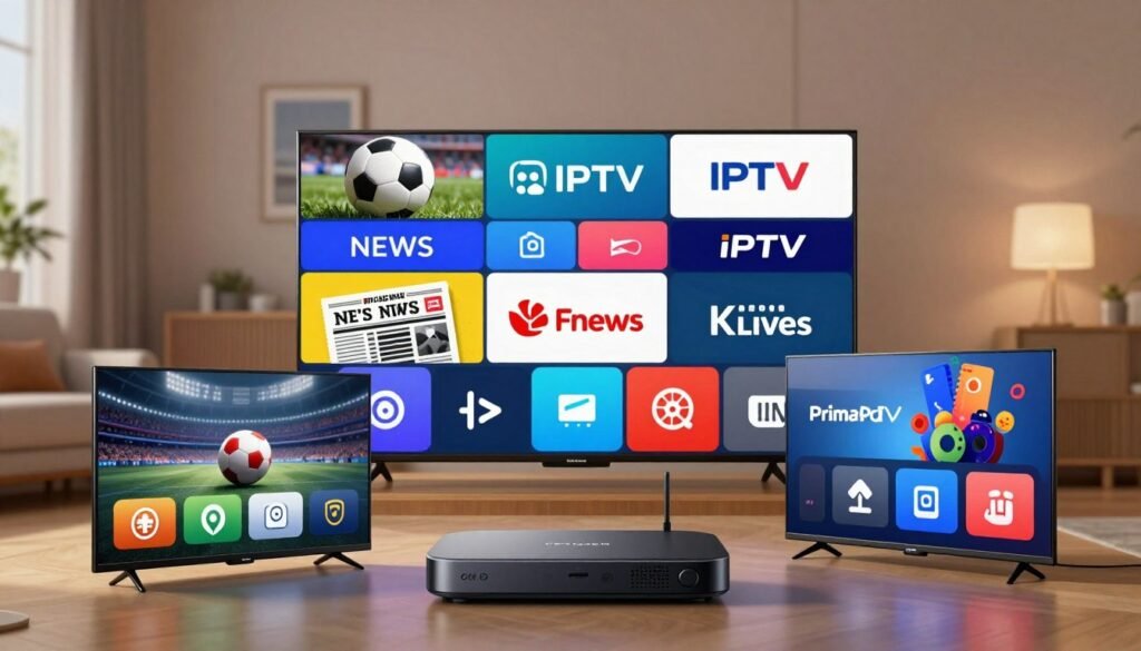 A visually engaging illustration showcasing a variety of IPTV channel packages related to sports, news, movies, and entertainment. In the foreground, display sleek, modern digital devices such as smart TVs and streaming boxes, with visually appealing icons representing different channel categories, like sports equipment, news headlines, film reels, and entertainment symbols. In the middle ground, include abstract representations of diverse IPTV packages, each distinctively colored and arranged in a grid format. The background should have a soft-focus urban living room setting, with warm, inviting lighting that creates a cozy atmosphere. Capture a professional, friendly mood, emphasizing innovation and entertainment. Include the brand name "PrimaProTV" subtly integrated into the image design without any text overlays. A visually engaging illustration showcasing a variety of IPTV channel packages related to sports, news, movies, and entertainment. In the foreground, display sleek, modern digital devices such as smart TVs and streaming boxes, with visually appealing icons representing different channel categories, like sports equipment, news headlines, film reels, and entertainment symbols. In the middle ground, include abstract representations of diverse IPTV packages, each distinctively colored and arranged in a grid format. The background should have a soft-focus urban living room setting, with warm, inviting lighting that creates a cozy atmosphere. Capture a professional, friendly mood, emphasizing innovation and entertainment. Include the brand name "PrimaProTV" subtly integrated into the image design without any text overlays.