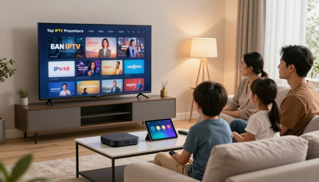 A visually engaging scene illustrating the concept of top IPTV providers for US households. In the foreground, a sleek modern living room with a large flat-screen TV displaying vibrant streaming content. A family of four, dressed in casual yet neat attire, is seated comfortably on a stylish sofa, enjoying their viewing experience. In the middle ground, an array of devices like a streaming box, tablet, and remote control is arranged on a coffee table, showcasing technology integration. The background features a warm and inviting atmosphere with soft lighting emanating from lamps, giving a cozy feel to the scene. Natural light filters in through a window, enhancing the atmosphere of relaxation and family connection. The composition captures a contemporary lifestyle centered around entertainment, reflecting a harmonious balance of modern technology and family life.