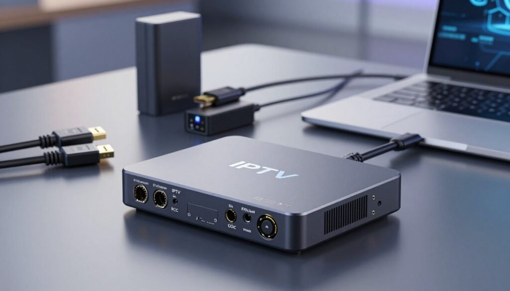 An efficient IPTV HDMI encoder placed prominently in the foreground, with detailed technical ports and connectors visible, showcasing its compact design and modern aesthetics. In the middle ground, various essential accessories like HDMI cables and a laptop interfacing with the encoder, illuminated by soft, diffuse lighting to create a professional atmosphere. The background features a blurred office setting with a subtle high-tech ambiance, emphasizing an environment conducive to streaming solutions. The overall mood conveys a sense of high efficiency and professionalism, suitable for tackling common challenges in configuring IPTV encoders, with a focus on clarity and functionality. The angle captures the encoder from a slight overhead view to highlight its features effectively.
