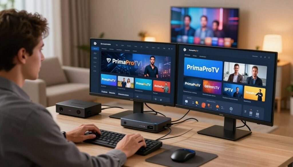An innovative home workspace featuring a modern desktop setup with multiple screens displaying various top-rated IPTV providers, including the logo of "PrimaProTV". In the foreground, a person in professional business attire is intently working at the desk, adjusting settings on a sophisticated IPTV interface. The middle ground showcases an array of high-quality streaming devices and cables, emphasizing connectivity. In the background, soft ambient lighting casts a warm glow, highlighting a wall-mounted TV streaming live content. The scene conveys a sense of focus and efficiency, illustrating optimization for the best IPTV experience. The atmosphere is professional yet inviting, promoting a sense of seamless technology integration in a contemporary home environment. An innovative home workspace featuring a modern desktop setup with multiple screens displaying various top-rated IPTV providers, including the logo of "PrimaProTV". In the foreground, a person in professional business attire is intently working at the desk, adjusting settings on a sophisticated IPTV interface. The middle ground showcases an array of high-quality streaming devices and cables, emphasizing connectivity. In the background, soft ambient lighting casts a warm glow, highlighting a wall-mounted TV streaming live content. The scene conveys a sense of focus and efficiency, illustrating optimization for the best IPTV experience. The atmosphere is professional yet inviting, promoting a sense of seamless technology integration in a contemporary home environment.